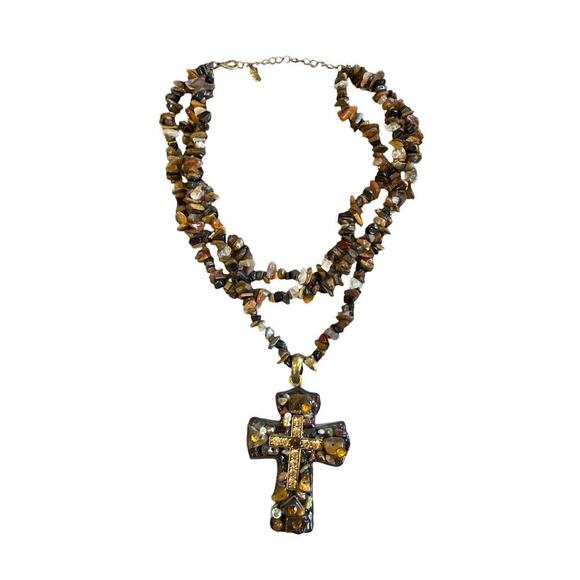 You&I Tiered Brown Tigers Eye Stone Beaded Cross Pendant Necklace - Picture 1 of 4